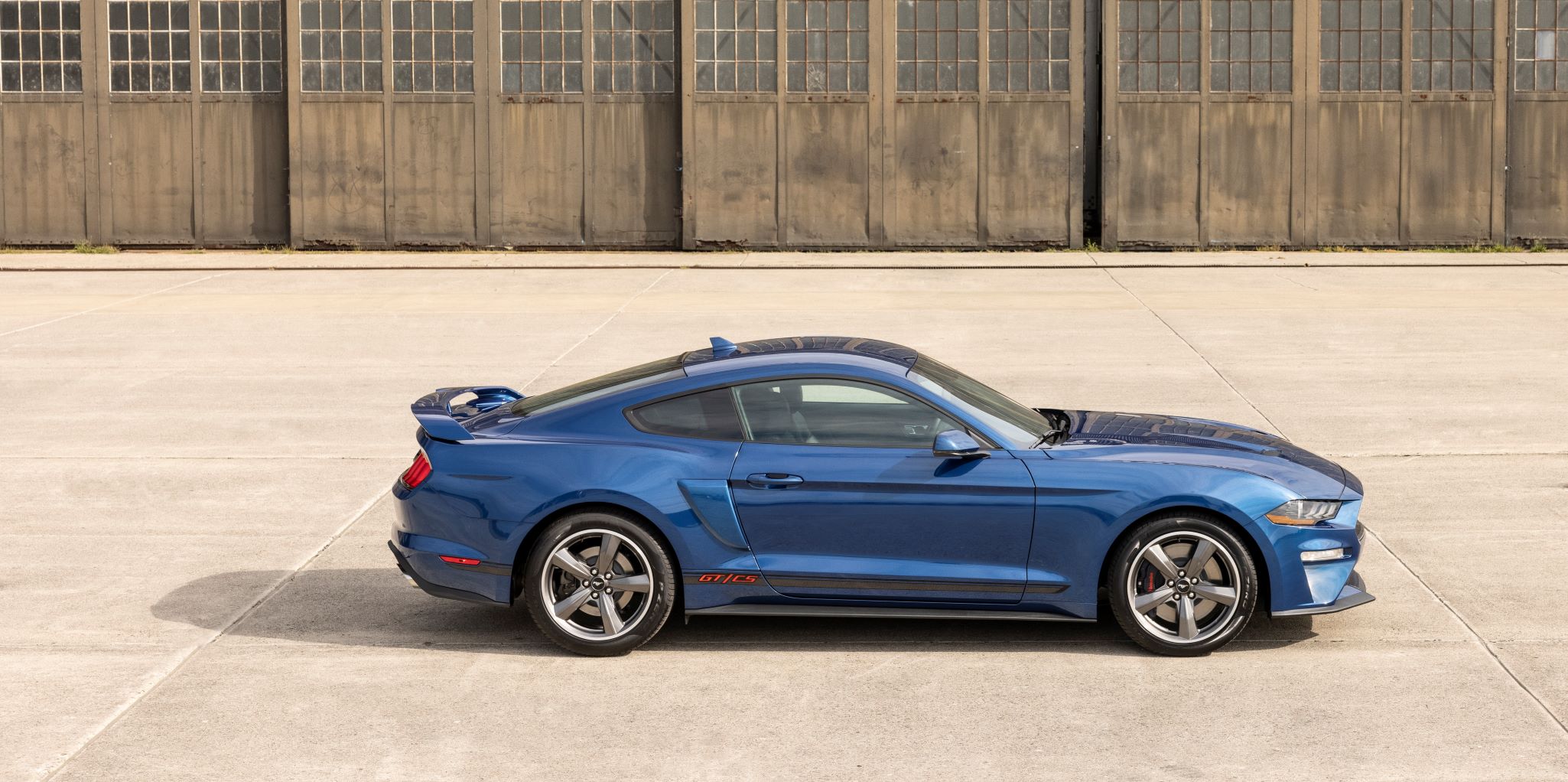 Side view of the 2022 Ford Mustang California Special in Atlas Blue