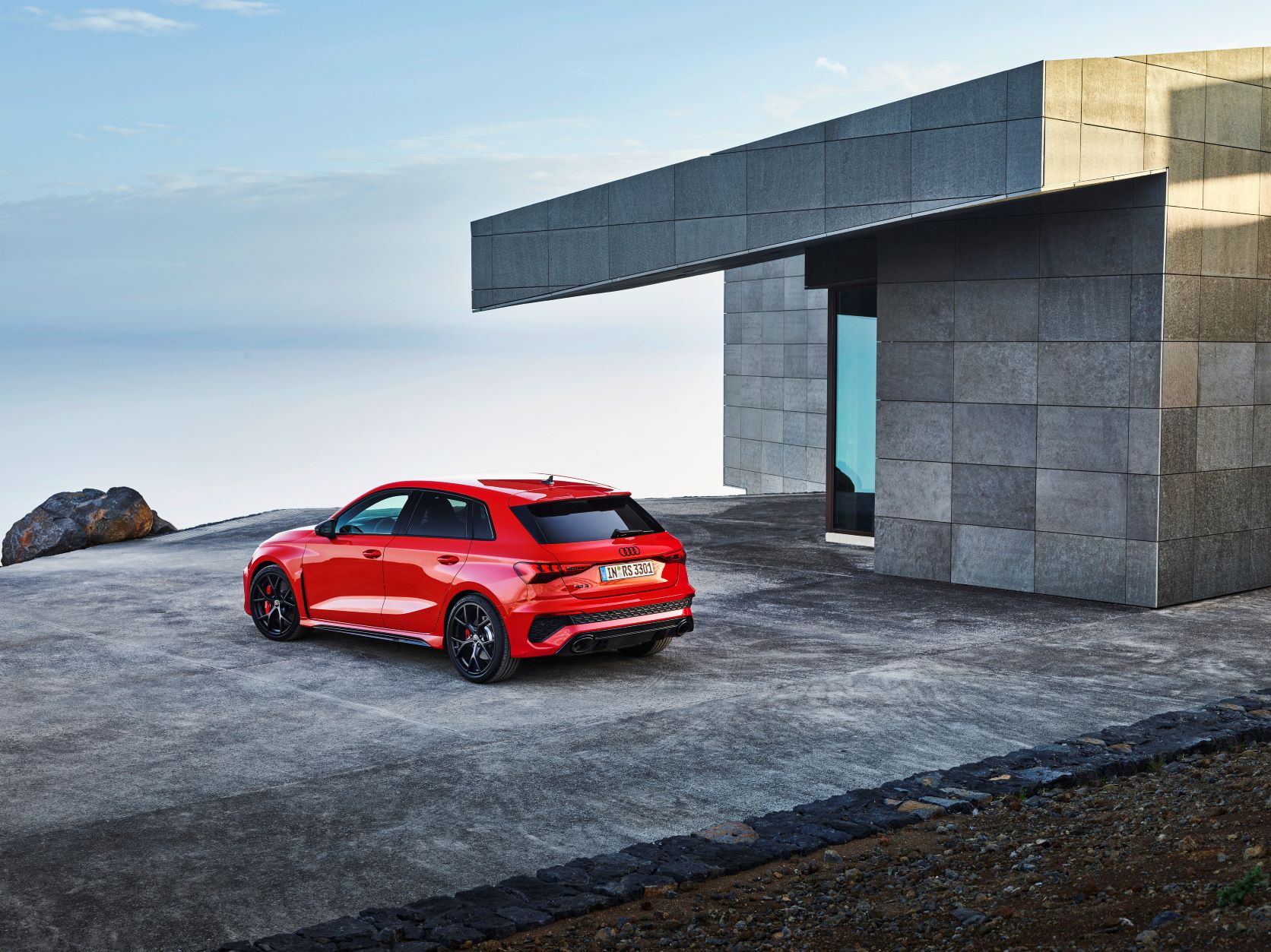 Rear three quarter shot of the new Audi RS3 sportback