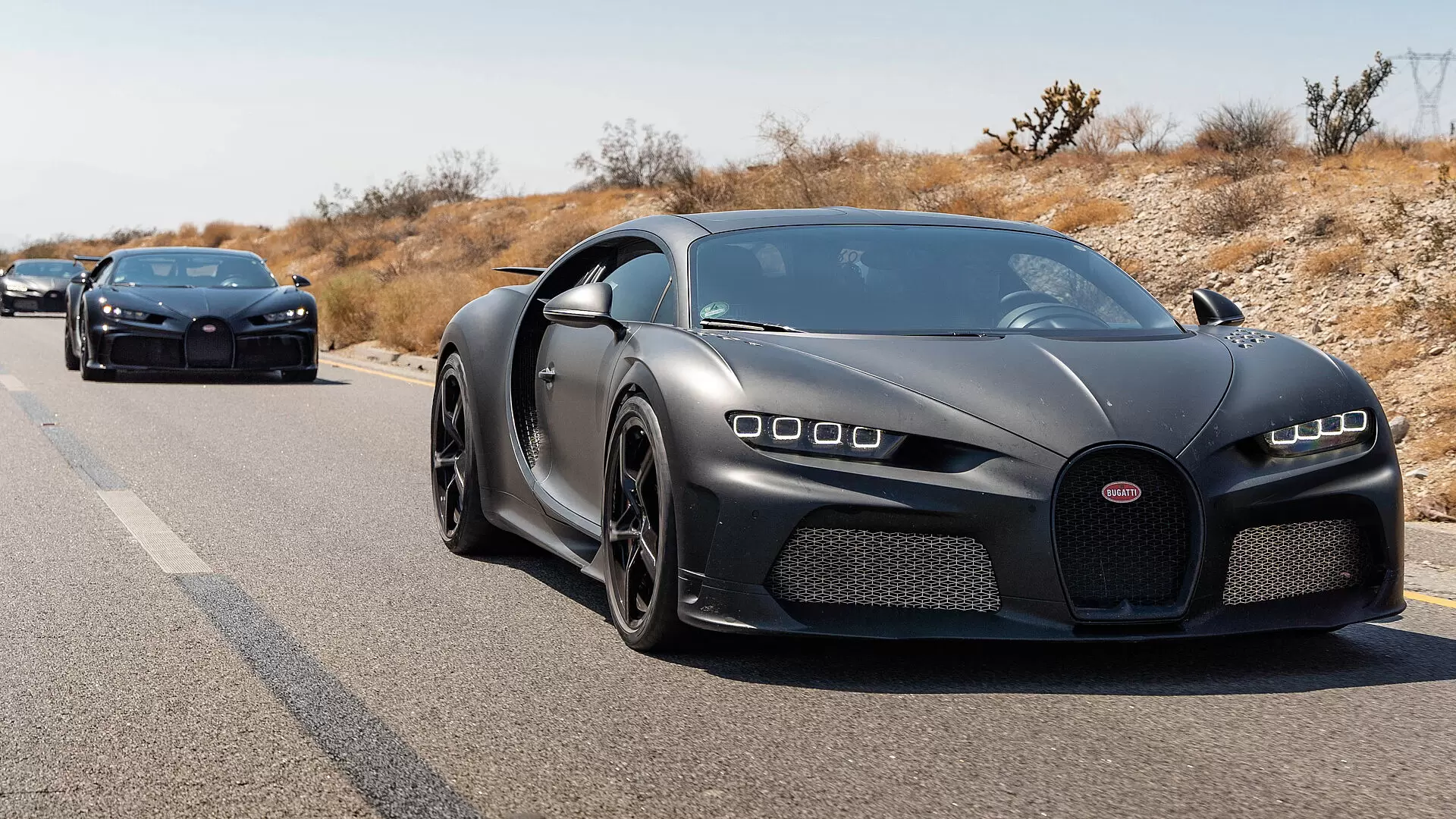 Bugatti's convoy of hyper sports cars on the testing route
