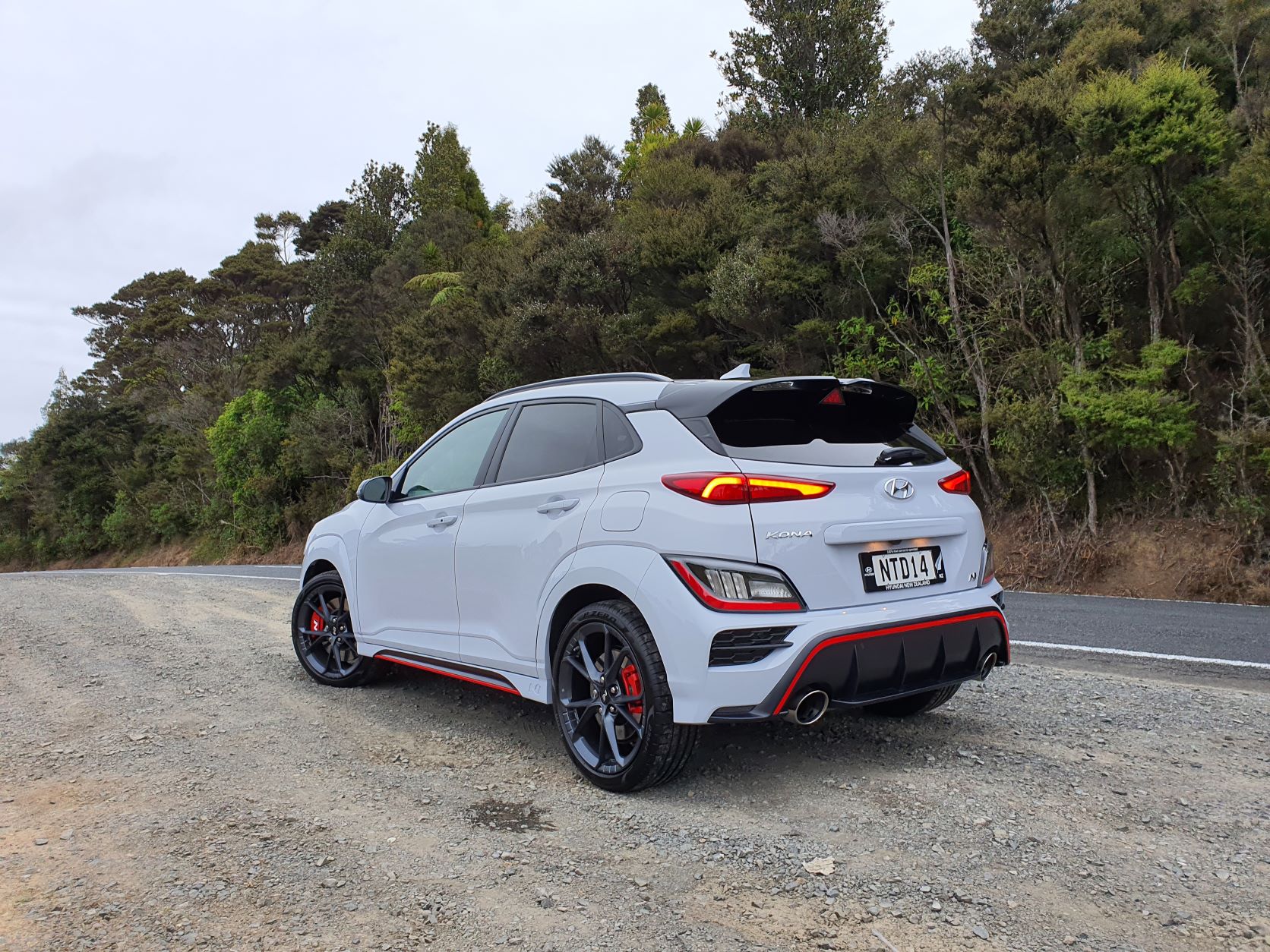 Rear three quarters view of the 2021 Hyundai Kona N