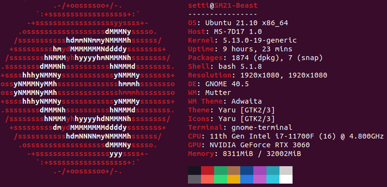 Ubuntu 21.10 neofetch screen