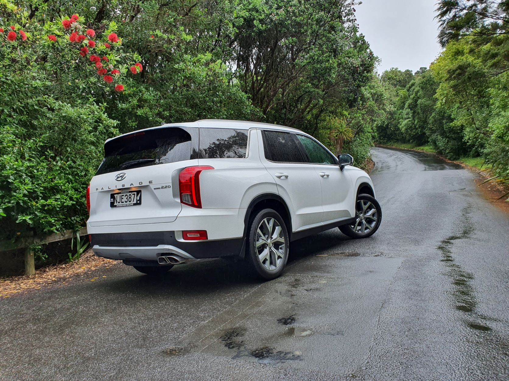 Rear three quarters view of the 2021 Hyundai Palisade in white