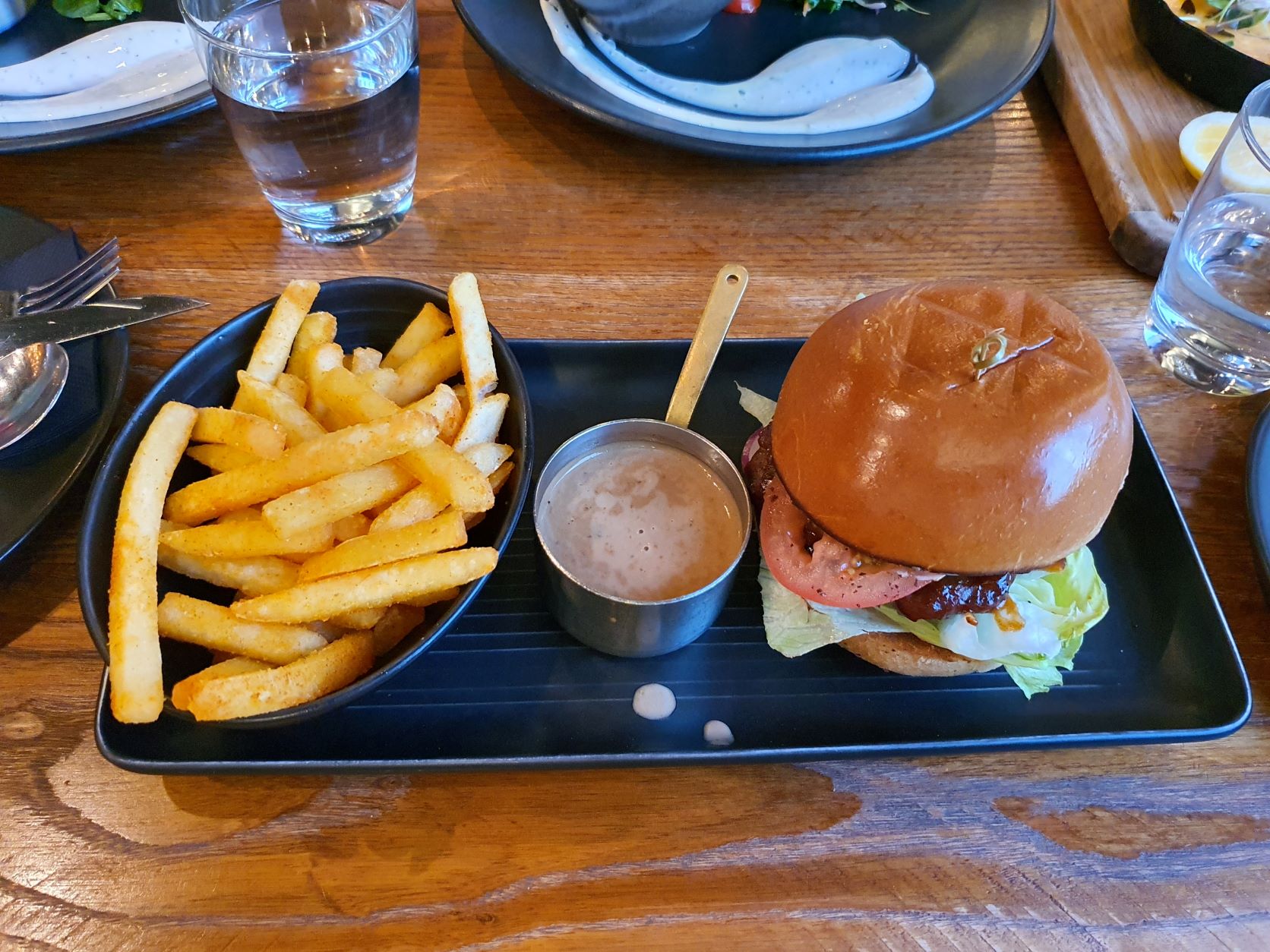 Burger and fries at Flame restaurant in Queenstown