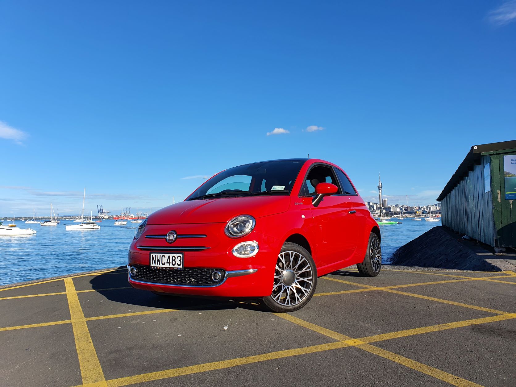 Front three quarters view of the new Fiat 500