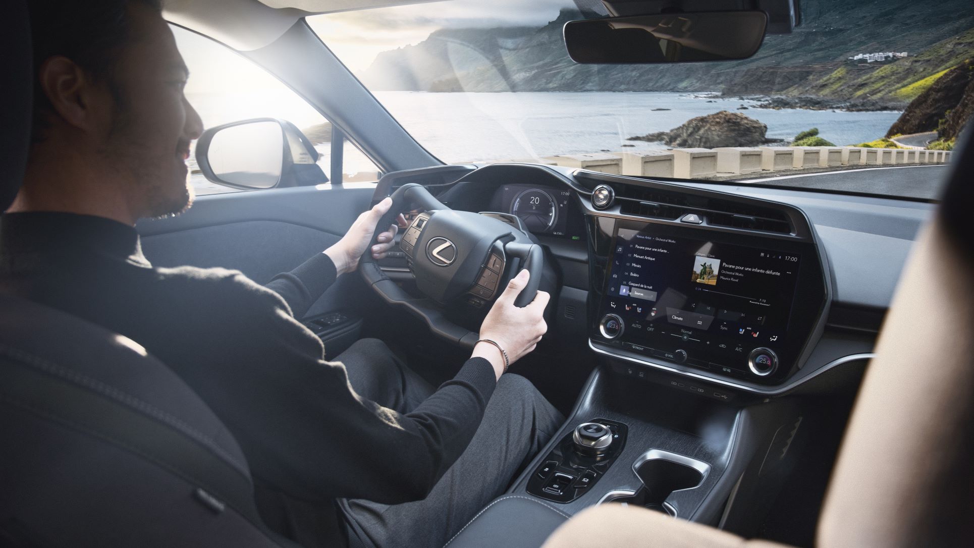 Yoke steering wheel on the interior of the Lexus RZ450e