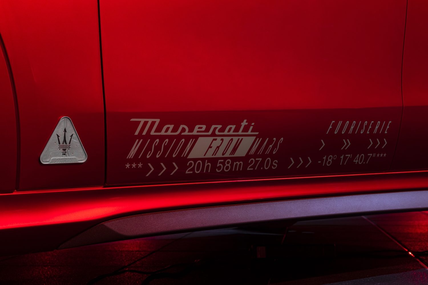 Decals on the side of the Maserati Grecale Mission to Mars bespoke car