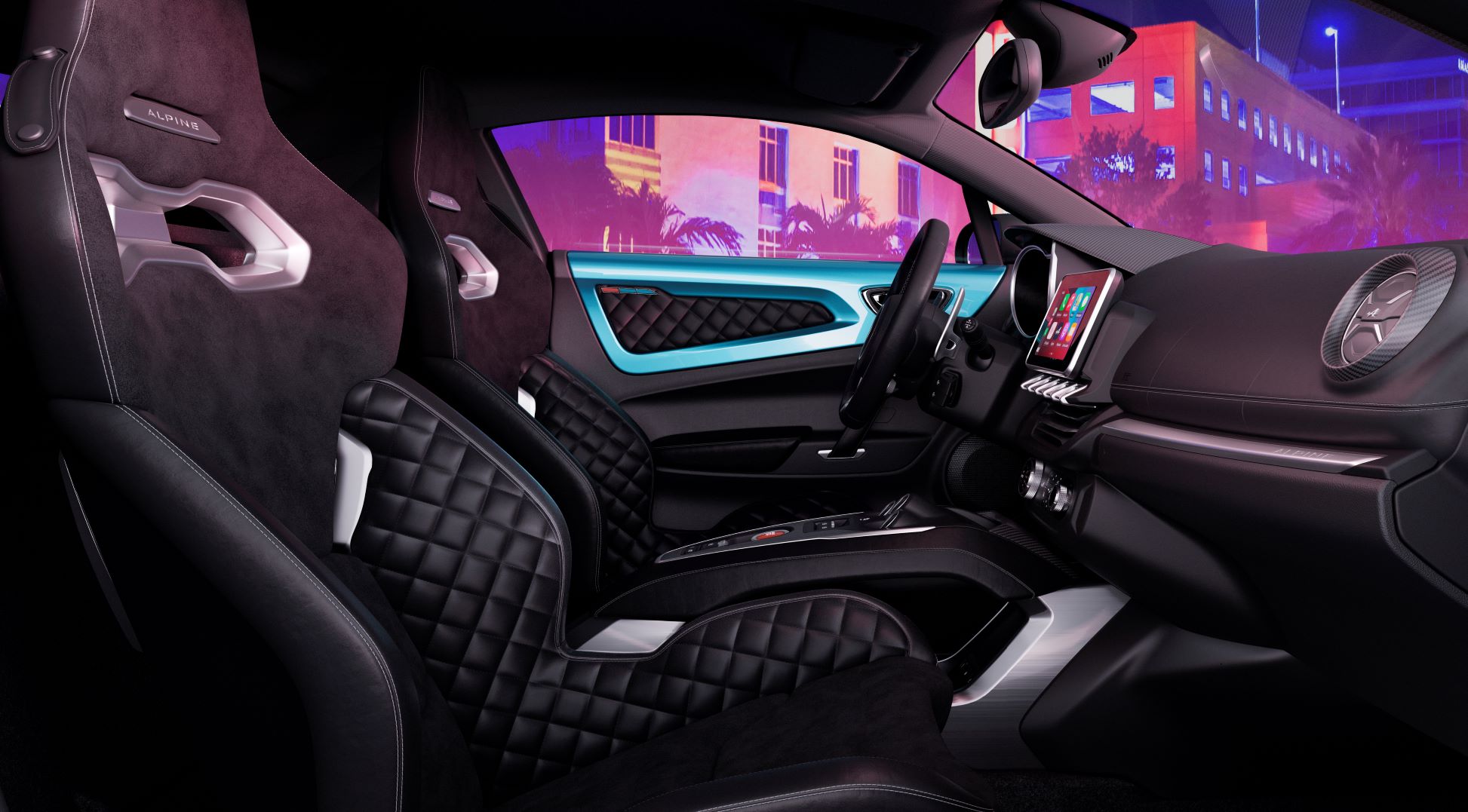 Interior view of the Alpine A110 with the South Beach colorway