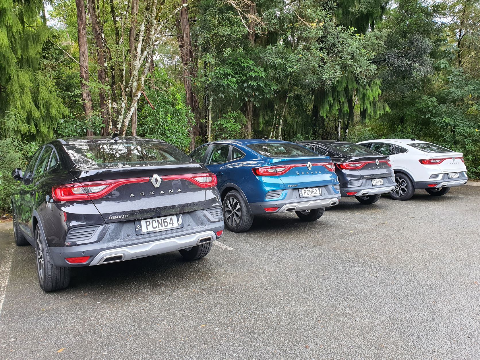 Four Renault Arkanas in a row at Pelorus Bridge Cafe in the Marlborough region of New Zealand