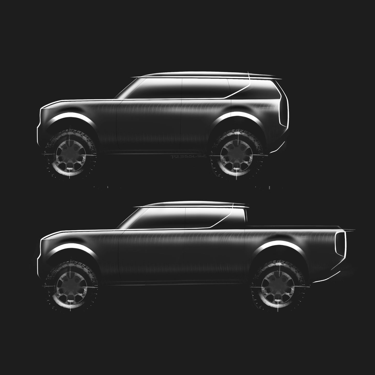 Concept drawing of the new Volkswagen Scout pickup and SUV