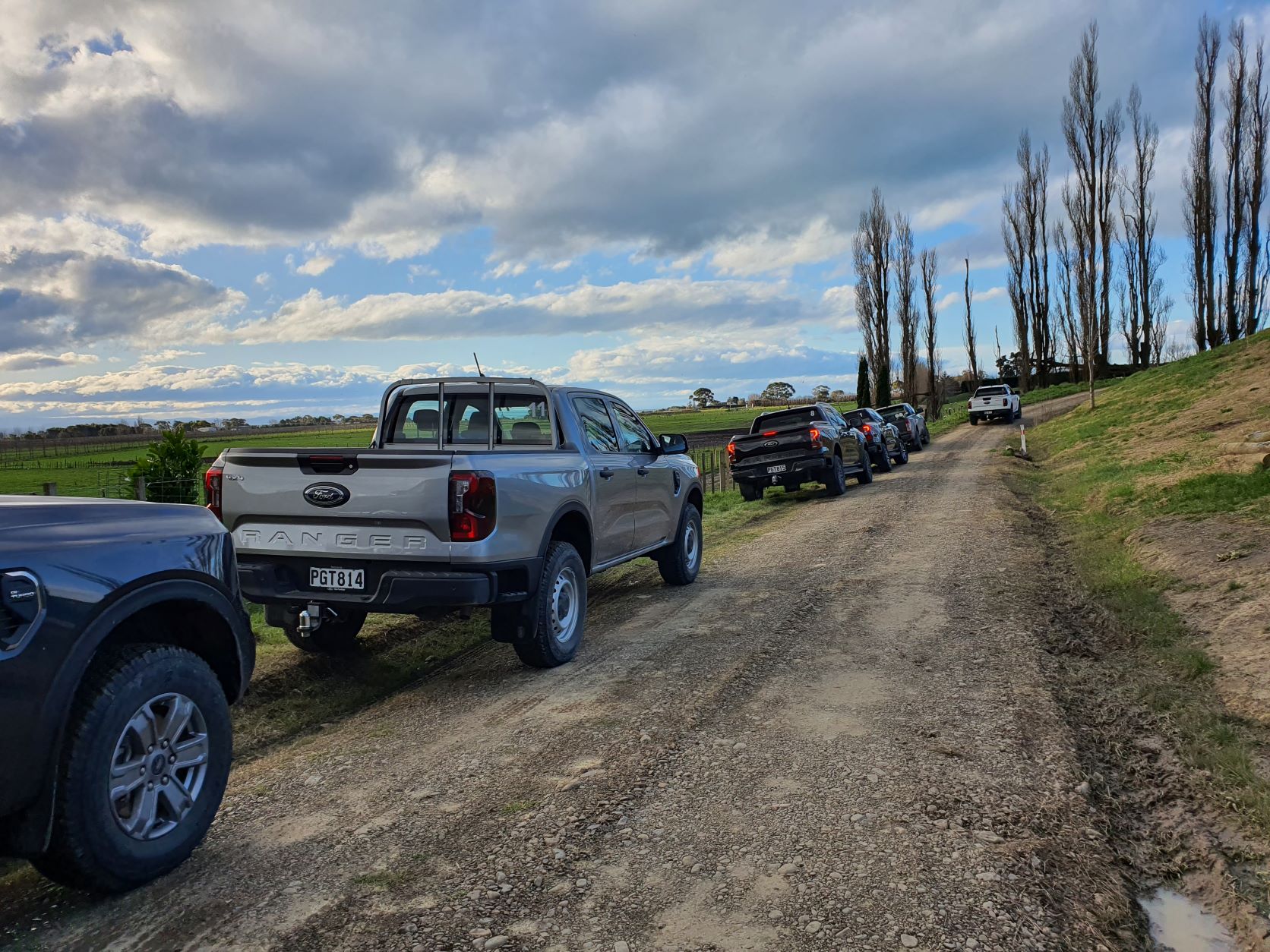 A group of 2022 Ford Rangers in various colours and specifications parked at Outfoxed, Havelock North, New Zealand