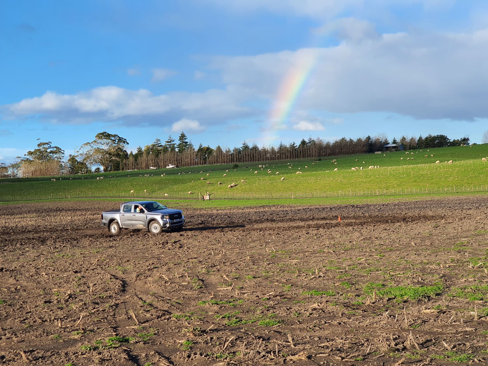 A 2022 Ford Ranger 4x4 going sideways in a muddy field under rainbow. Photo taken at Outfoxed, Havelock North, New Zealand
