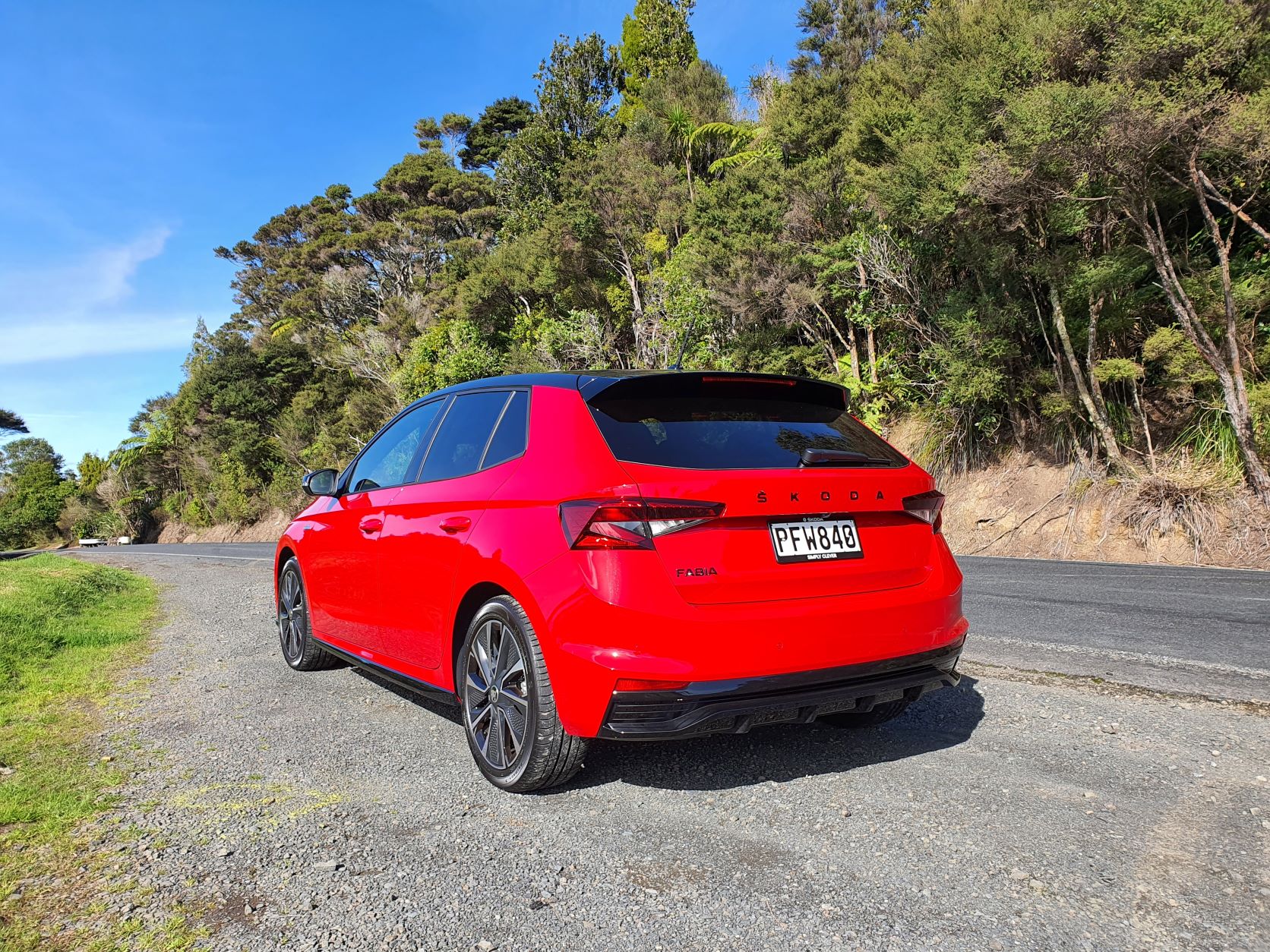 Rear three quarters view of the Skoda Fabia Montecarlo in red