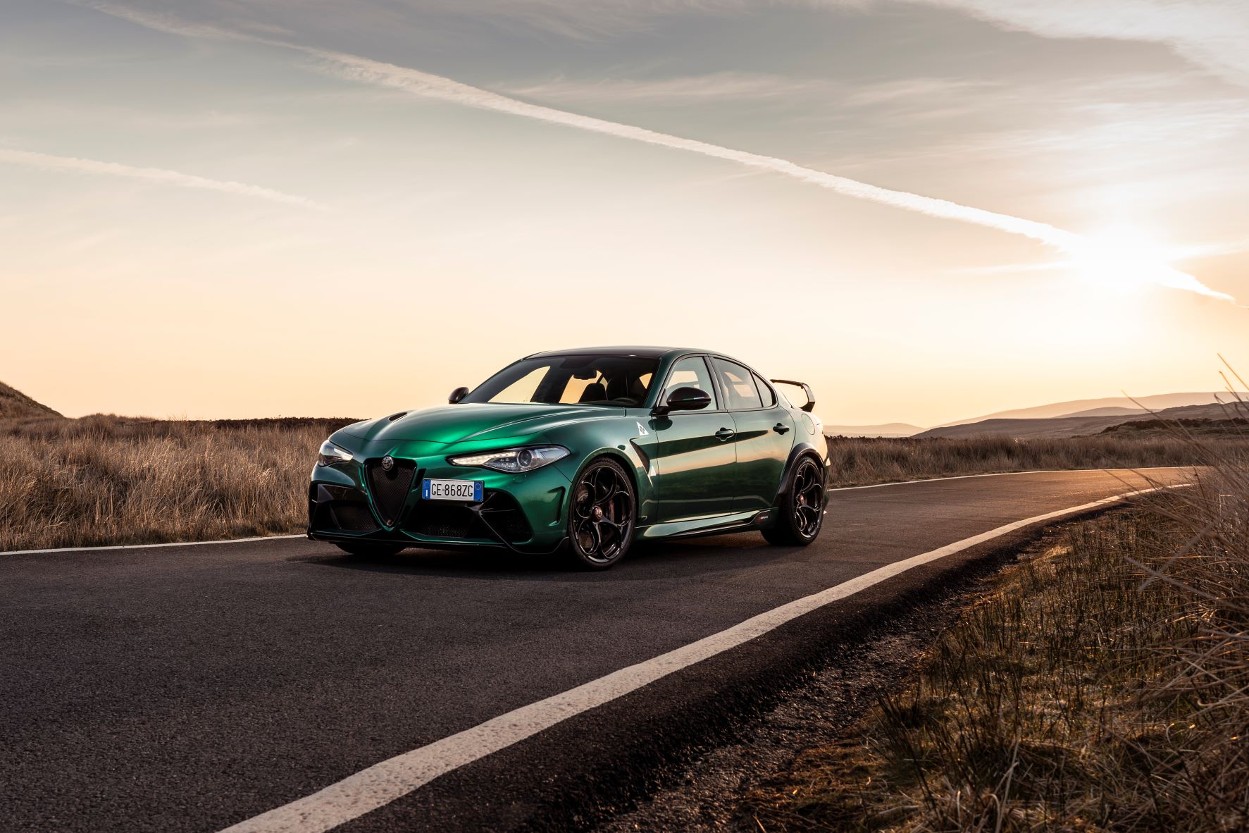 Front three quarters view of an Alfa Romeo Giulia GTAm in green.