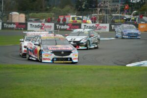 The Holden of Shane van Gisbergen going around a corner at Pukekohe Park Raceway at V8 Supercars Auckland 2022