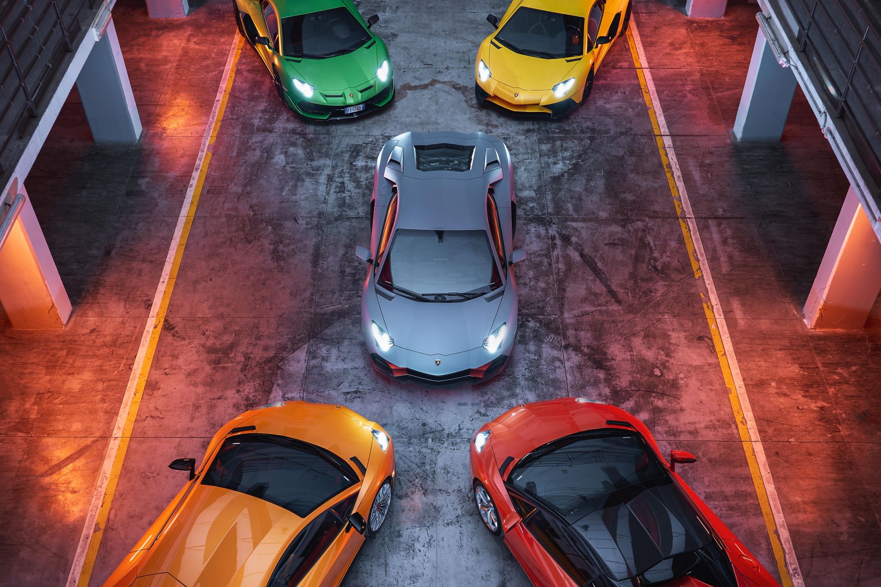 An overhead photo of all the Lamborghini Aventador models built