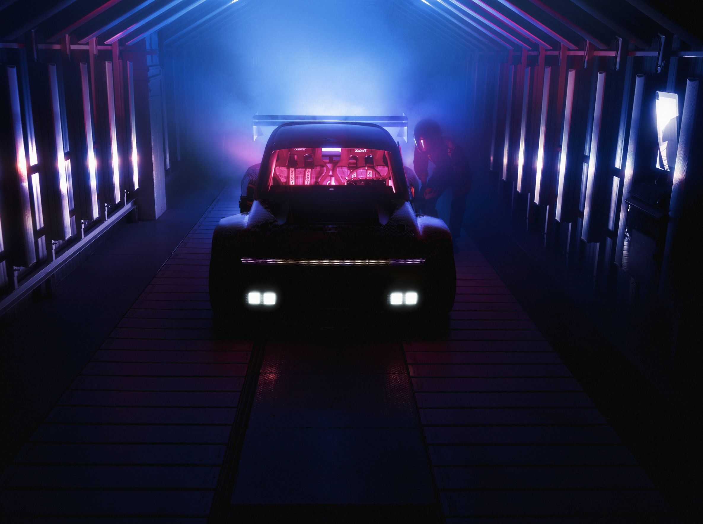 Frontal view of a teaser version of the fully electric Renault 5 show car