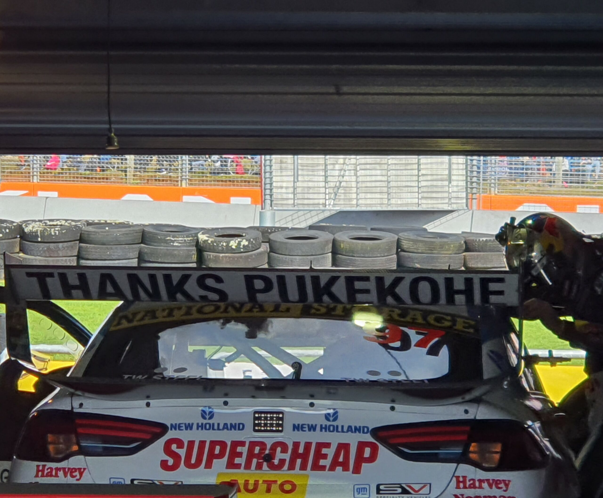 The spoiler of Shane van Gisbergen's Holden with stickers reading 'Thanks Pukekohe' at V8 Supercars Auckland 2022