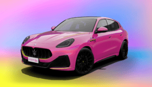 Front three quarters view of the Maserati Grecale Barbie in pink