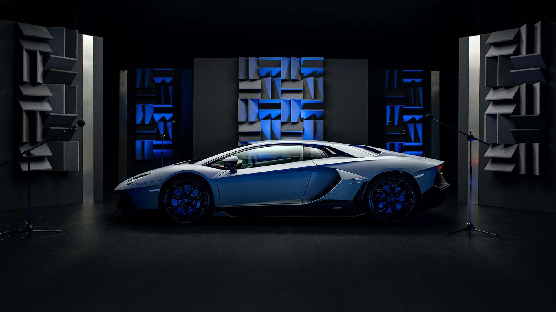 Side view of a Lamborghini Aventador in a recording/sound insulated room during the creation of the playlists.