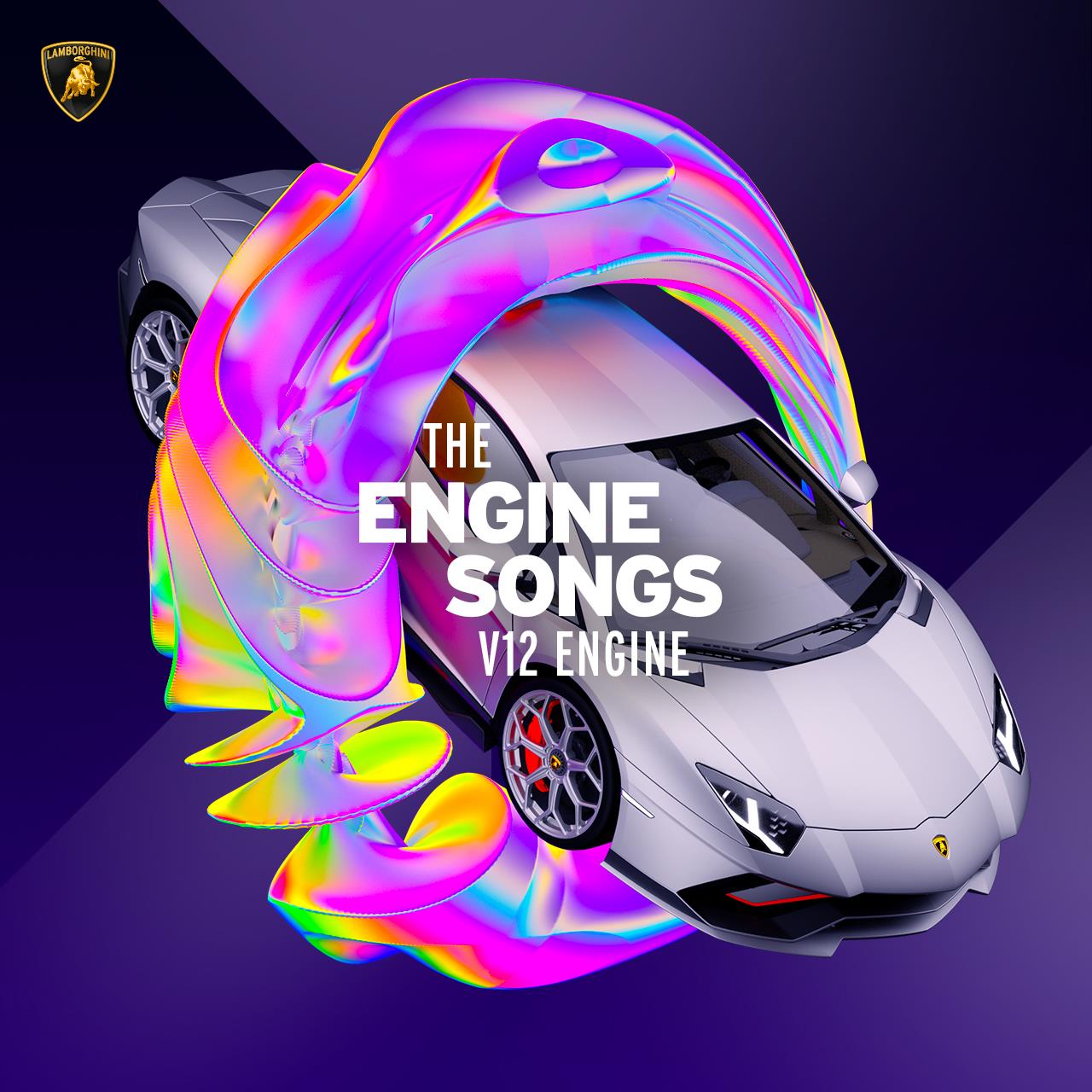 Graphic displaying a grey Lamborghini Aventador S and Lamborghini' 'Engine Songs' project.