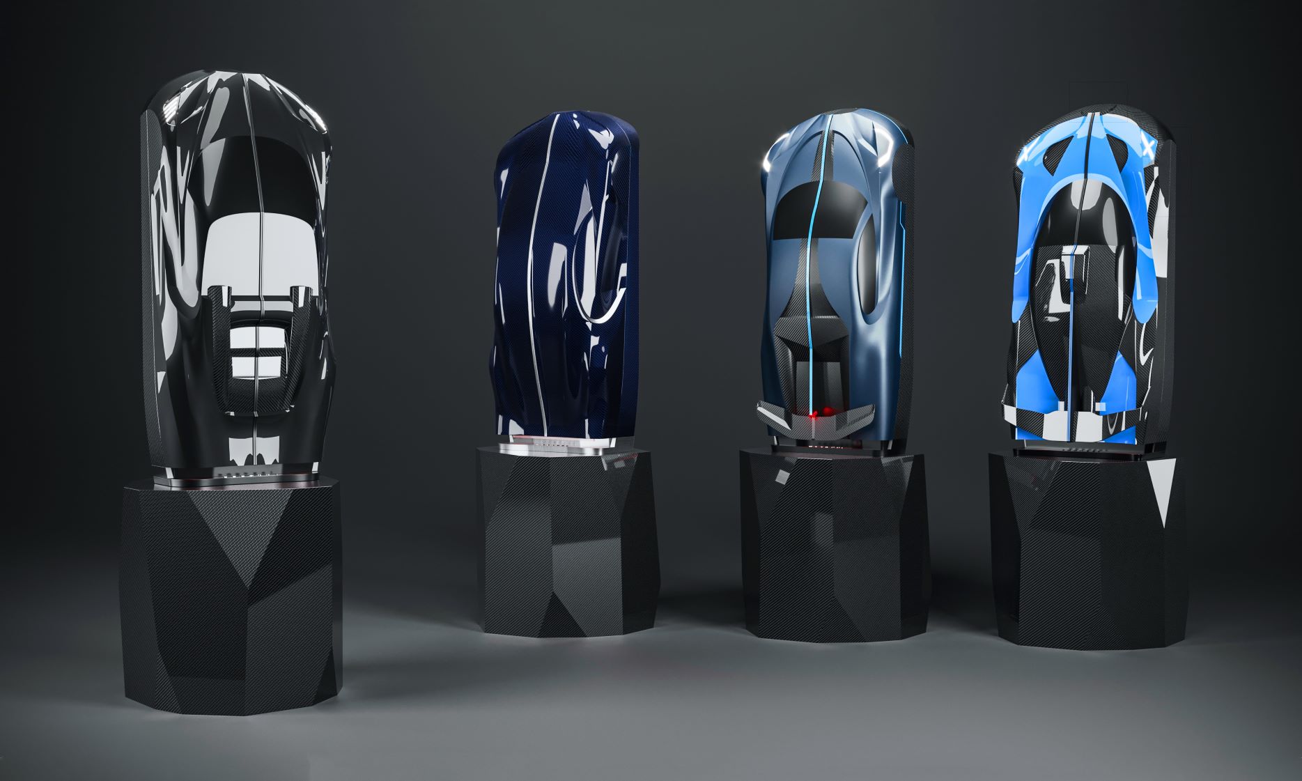 Four Bugatti motorcar inspired cases surround bottles of Champagne Carbon and Bugatti's 'La Bouteille Sur Mesure'