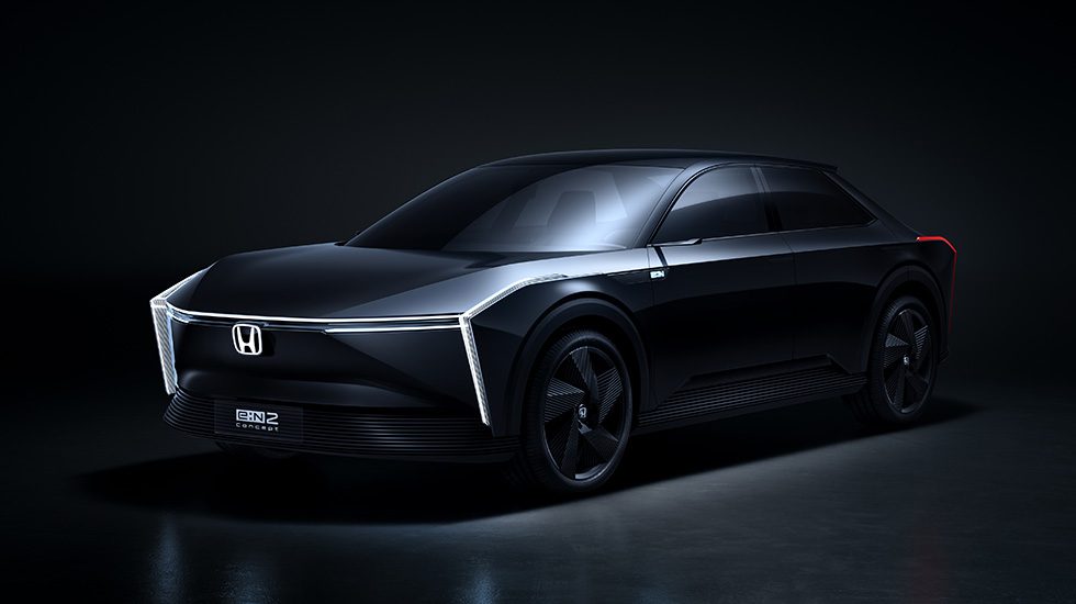 A teaser image of the front three quarters of the Honda e:N2 concept car