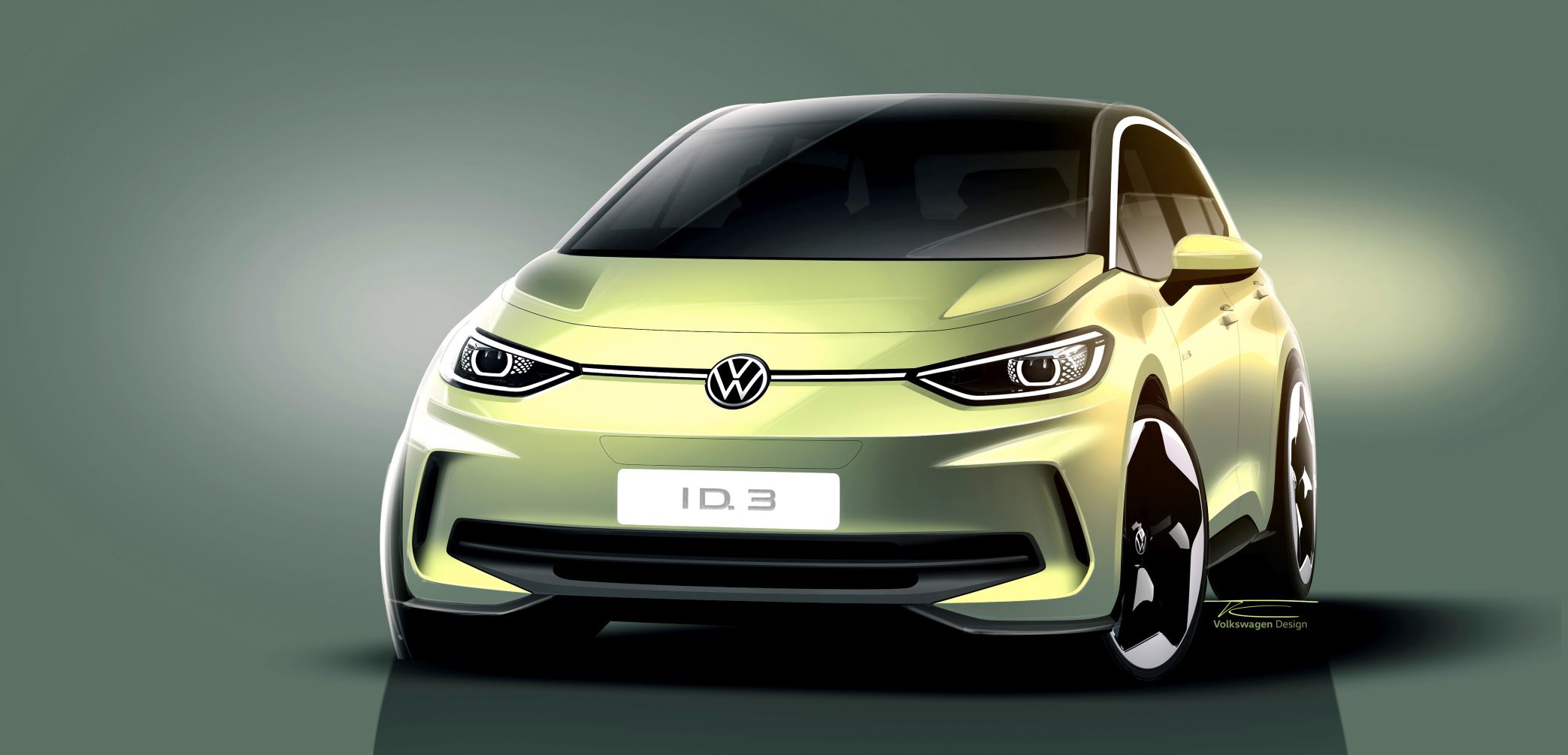 Front three quarters view of a sketch of the new facelifted Volkswagen ID.3.