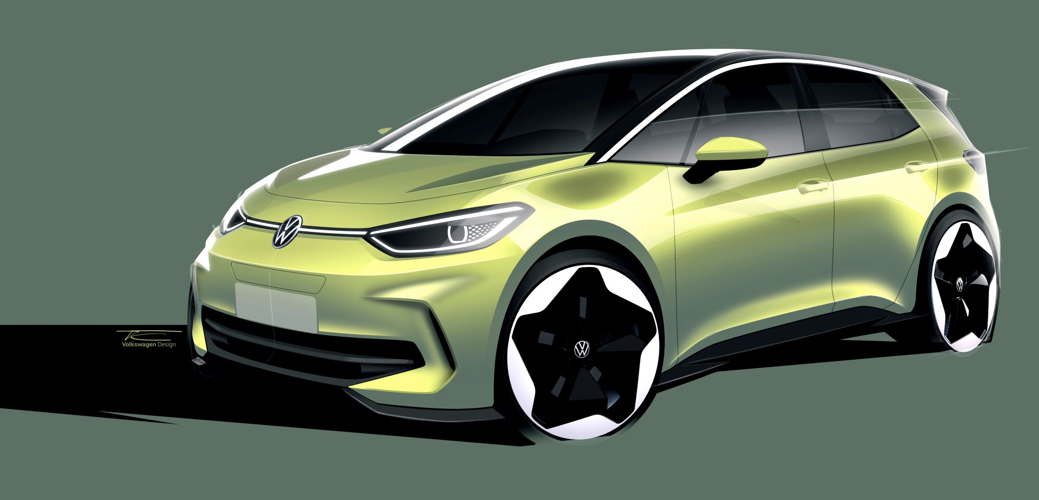 Front three quarters view of a sketch of the new Volkswagen ID.3