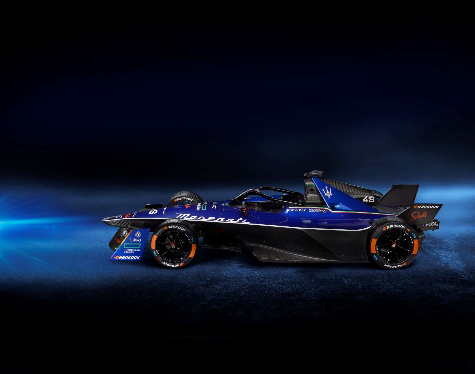 Side view of the MSG Maserati Gen 3 Formula E racecar.