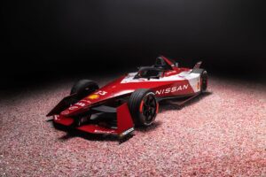 Front three quarters view of the new Nissan Nismo Gen3 racecar for Season 9 of Formula E.