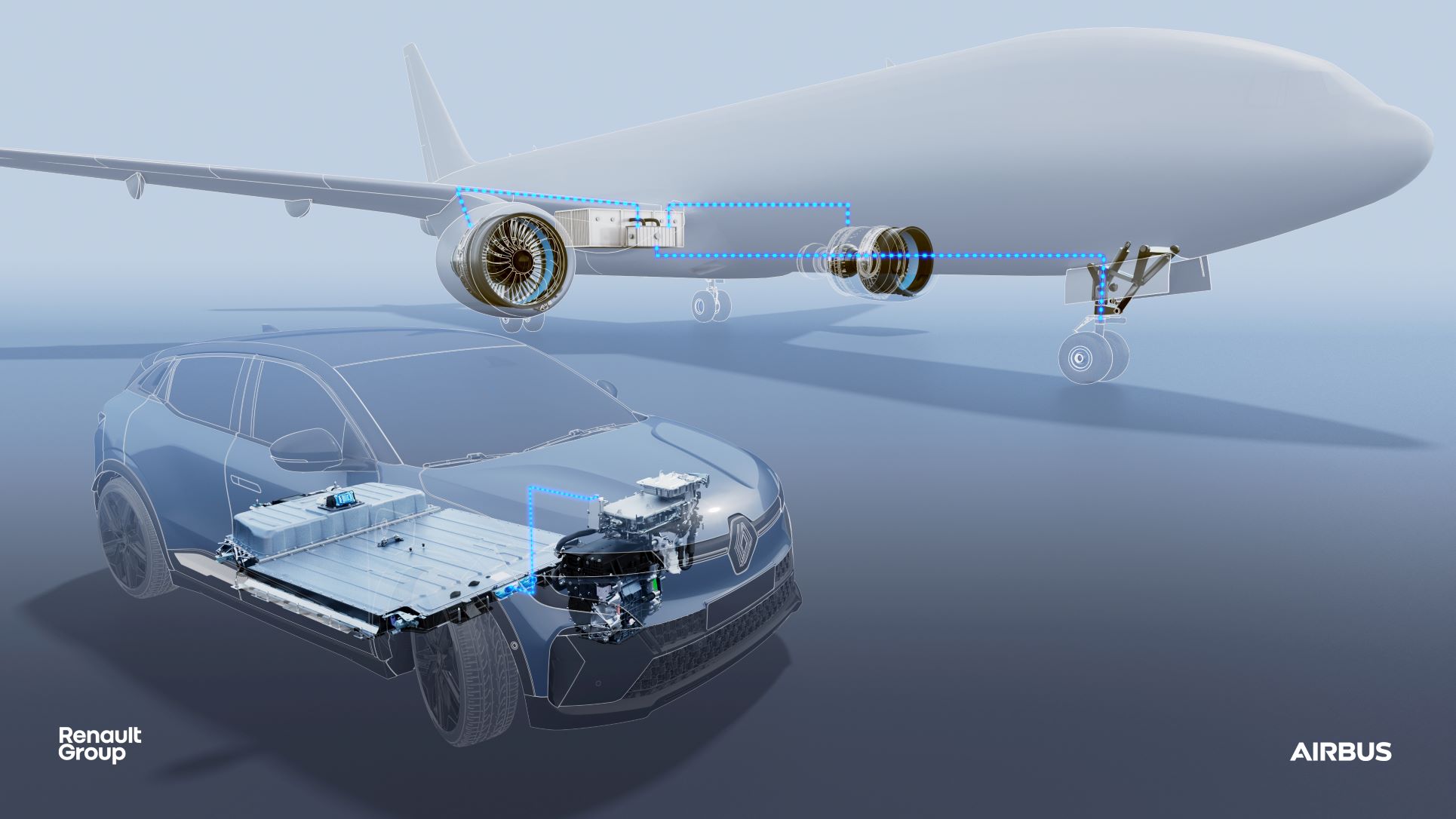 Renault's new Megane e-Tech depicted next to an Airbus aeroplane both with EV tech onboard.