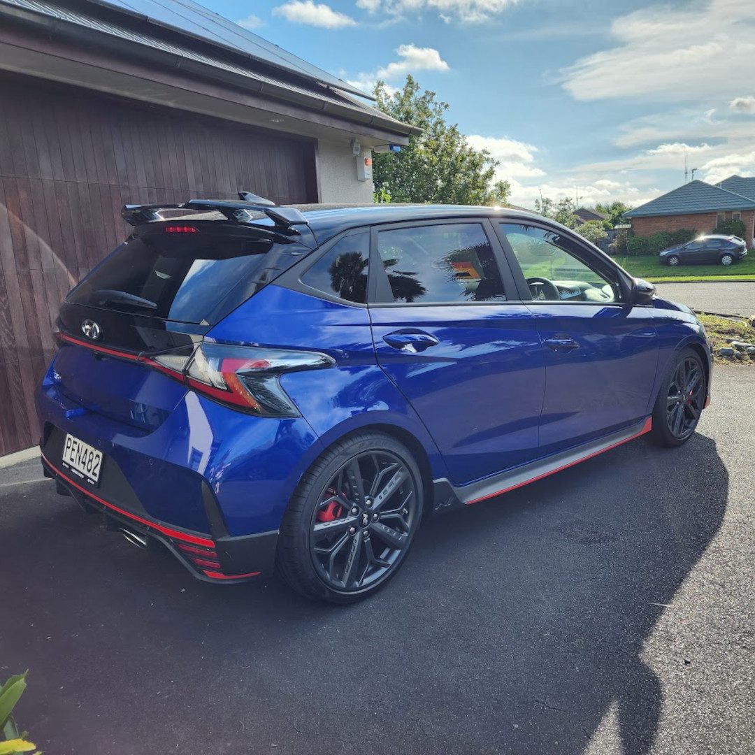 Hyundai i20 N rear view in blue in New Zealand