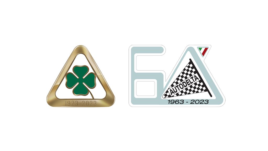 Alfa Romeo Quadrifoglio and Autodelta anniversary logos side by side