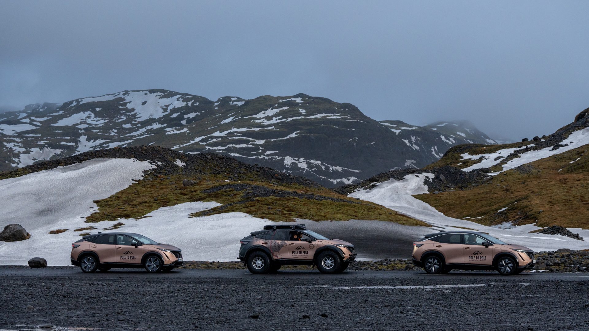 Three Nissan Ariya EVs in convoy in Iceland, including the Pole to Pole Nissan Ariya EV