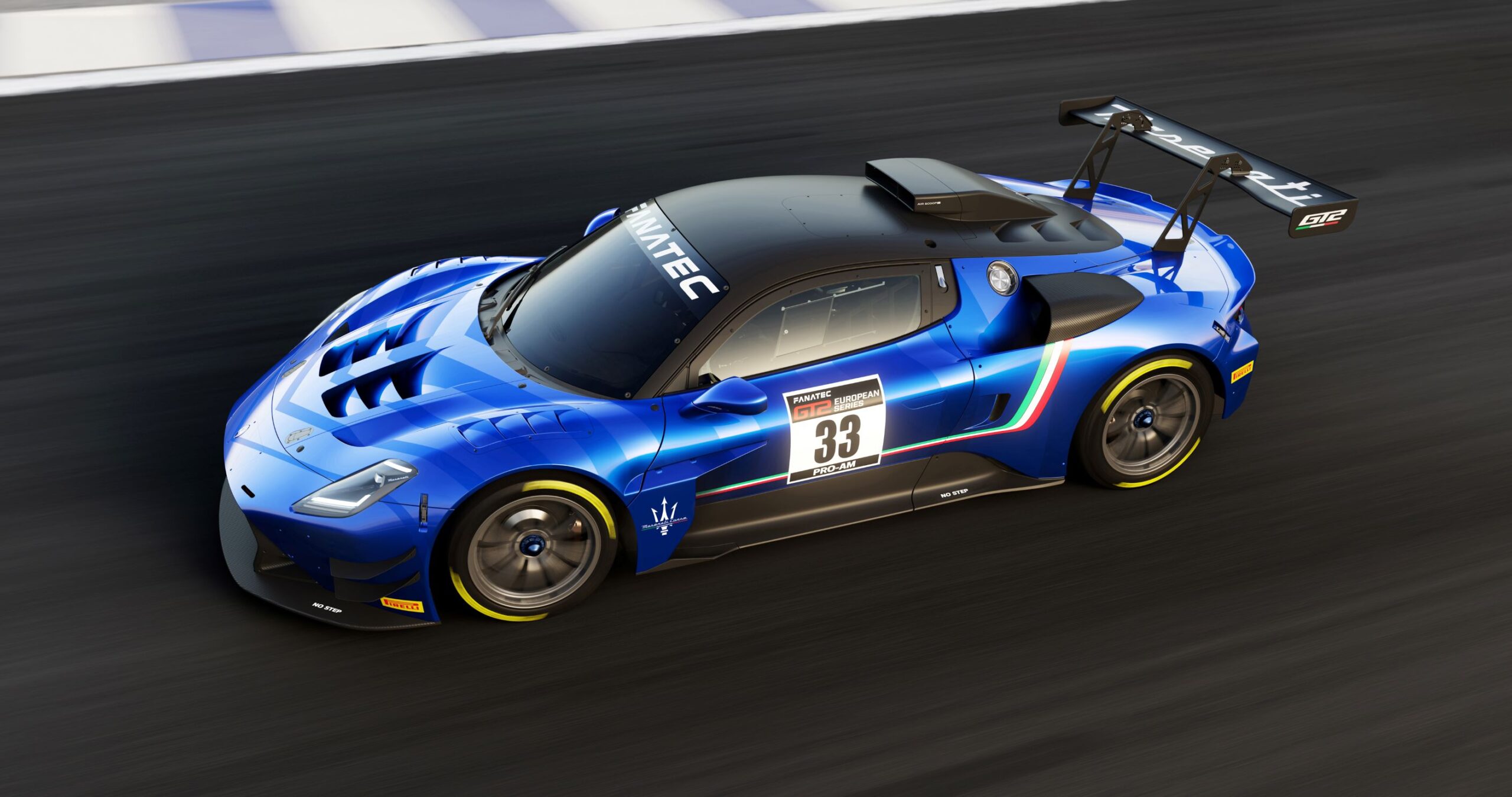 An overhead side view of the new Maserati GT2 racecar in blue