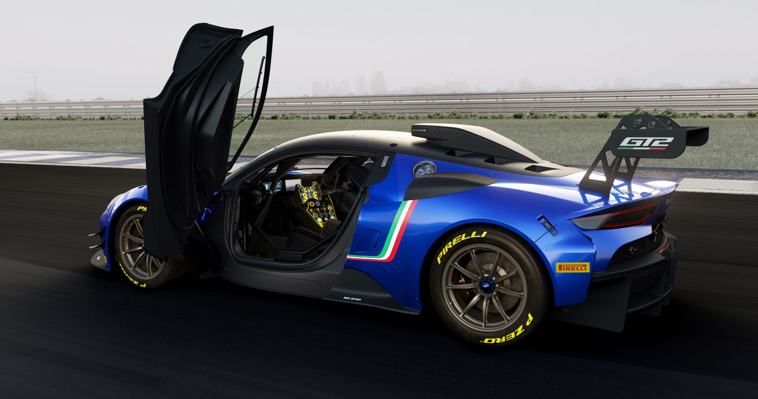 Rear three quarters view of the Maserati GT2 racecar in blue