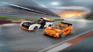 A promotional photo of two LEGO McLaren models as part of the new LEGO McLaren Speed Champions set.