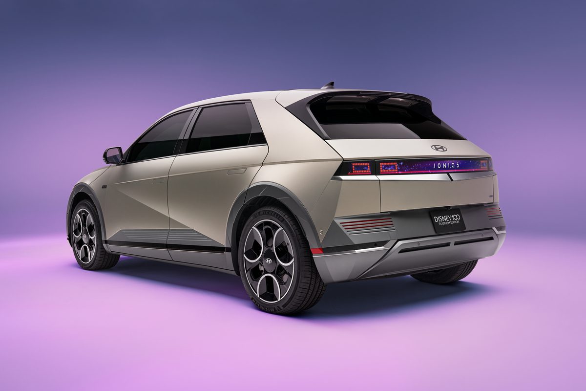 Rear three quarter view of the Hyundai IONIQ 5 Disney100 Platinum Concept Car