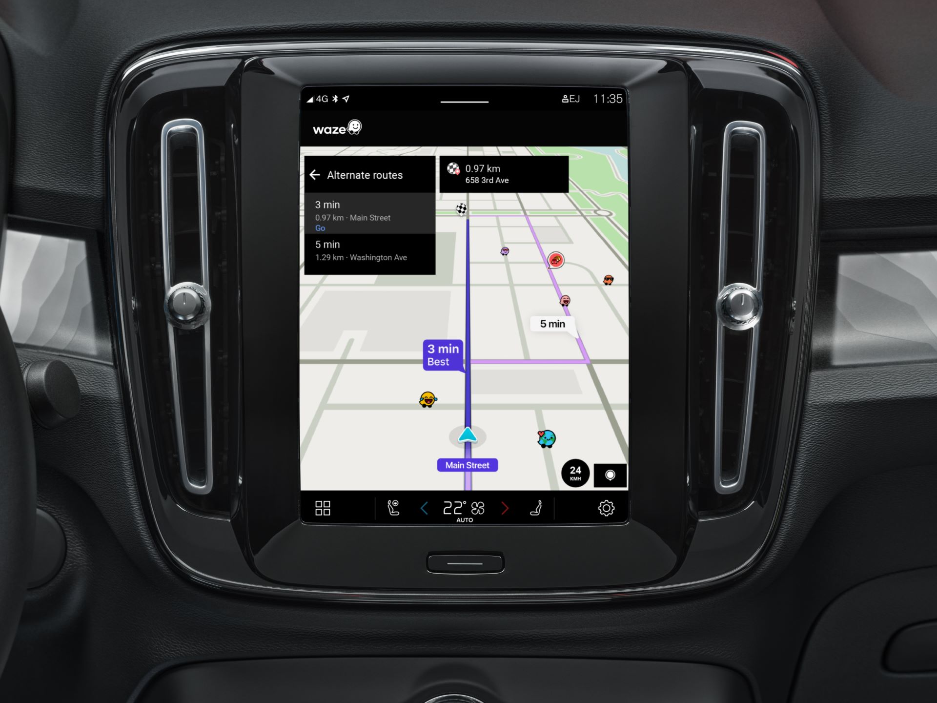 The Waze app open on the infotainment screen of a Volvo car.