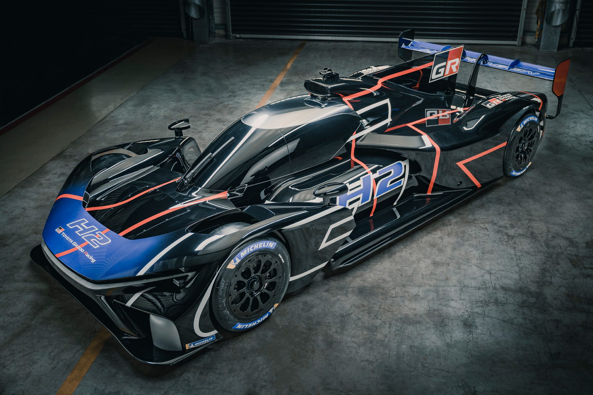 Overhead three quarters view of the Toyota GR Hydrogen racing concept