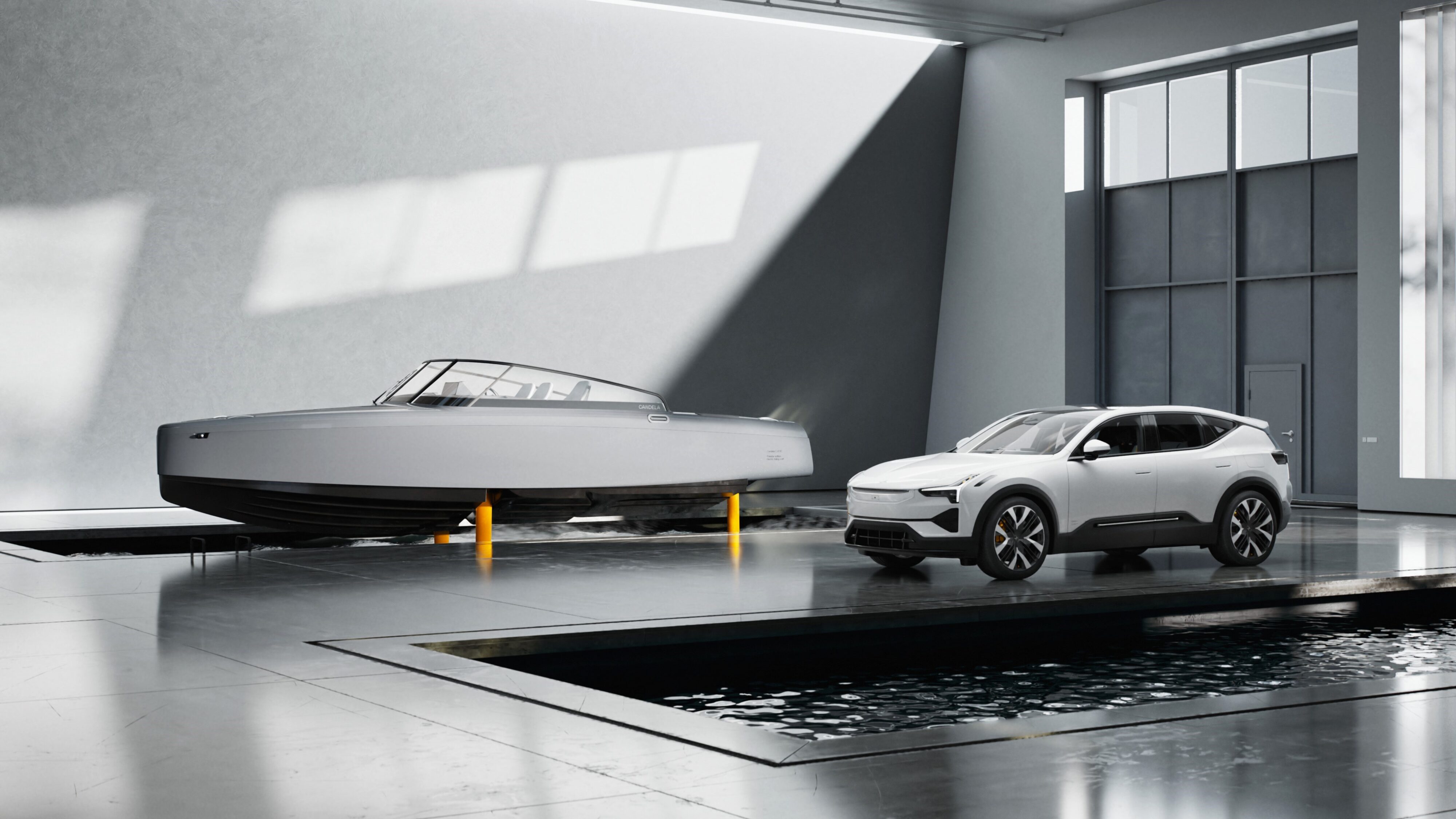 A Polestar car pictured with the Candela C-8 Polestar edition