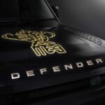 A close-up of the gold Defender lettering and a graphic of the Webb Ellis Cup on the bonnet of a Defender 110.