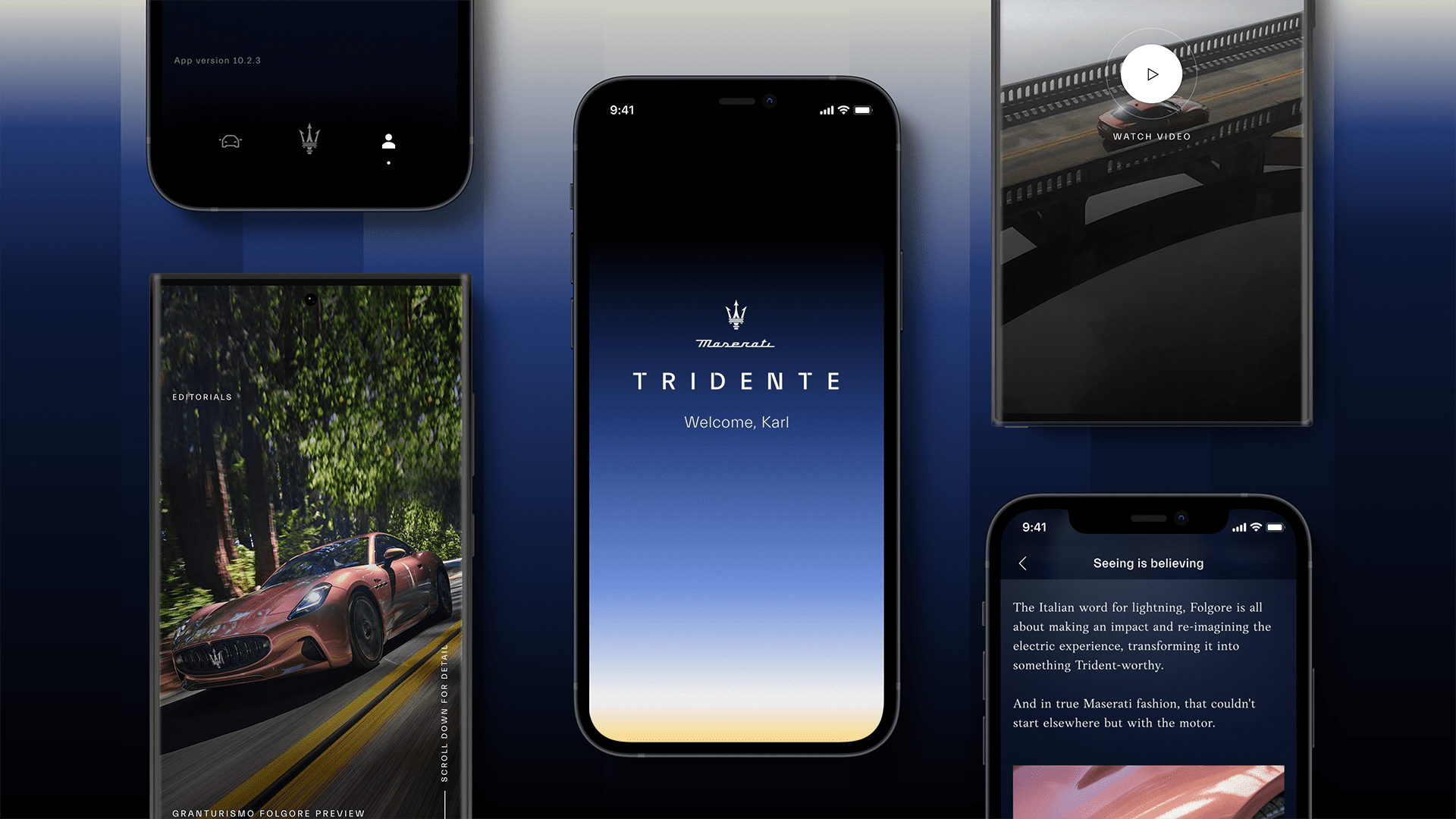 Preview of the interface of the Maserati Tridente app
