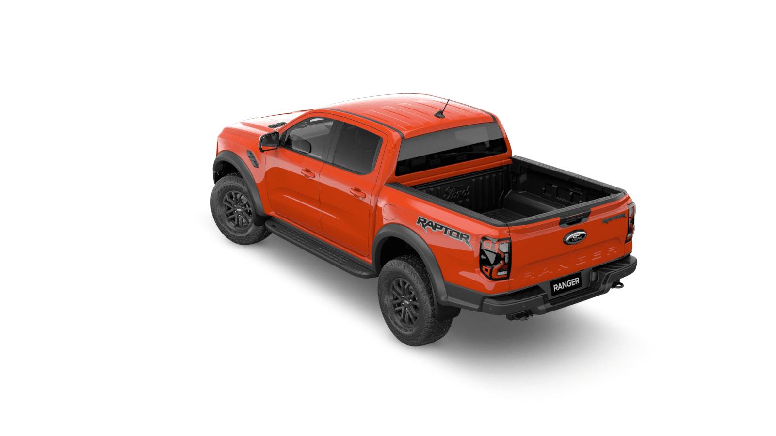 Rear overhead view of the Ford Ranger Raptor BiTurbo Diesel in orange.