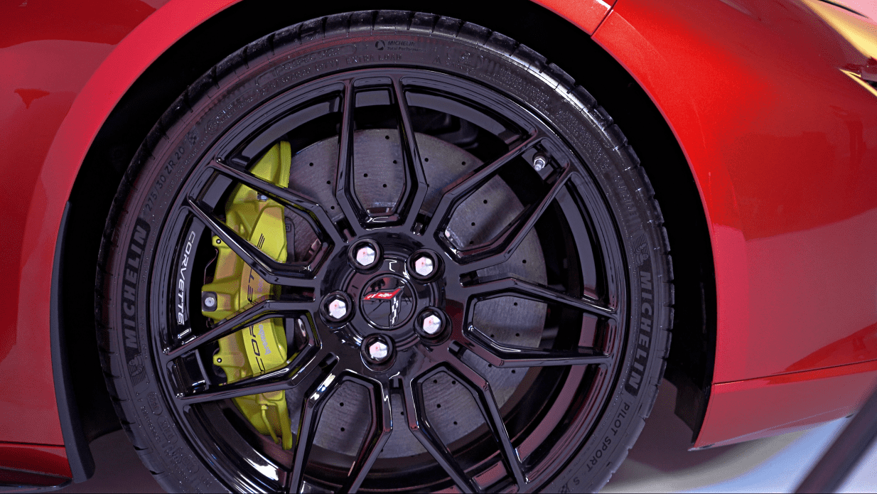 Close up shot of the wheels on the new 2023 Corvette Z06