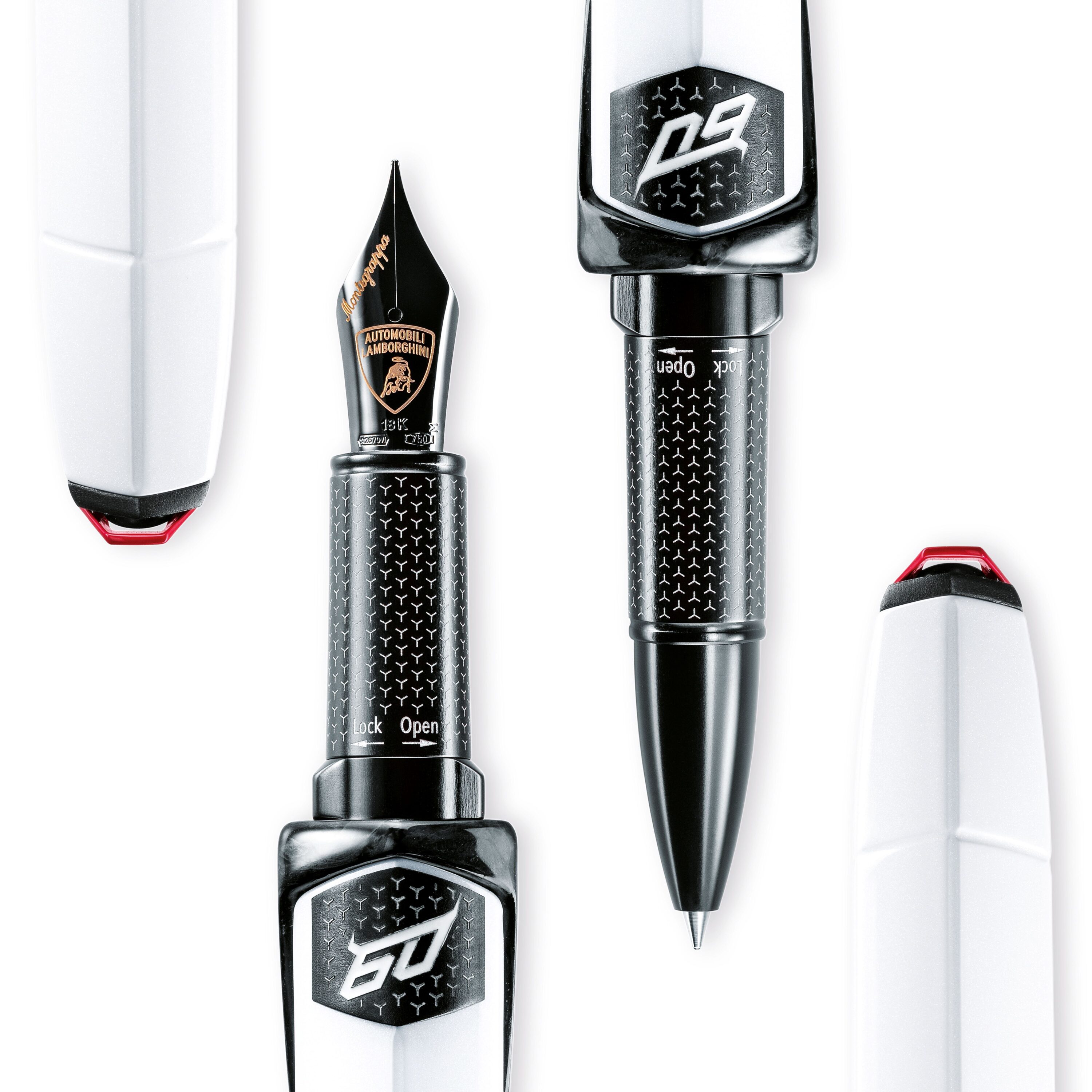 A promotional photo of a fountain pen and rollerball pen as part of the Lamborghini x Montegrappa special collection