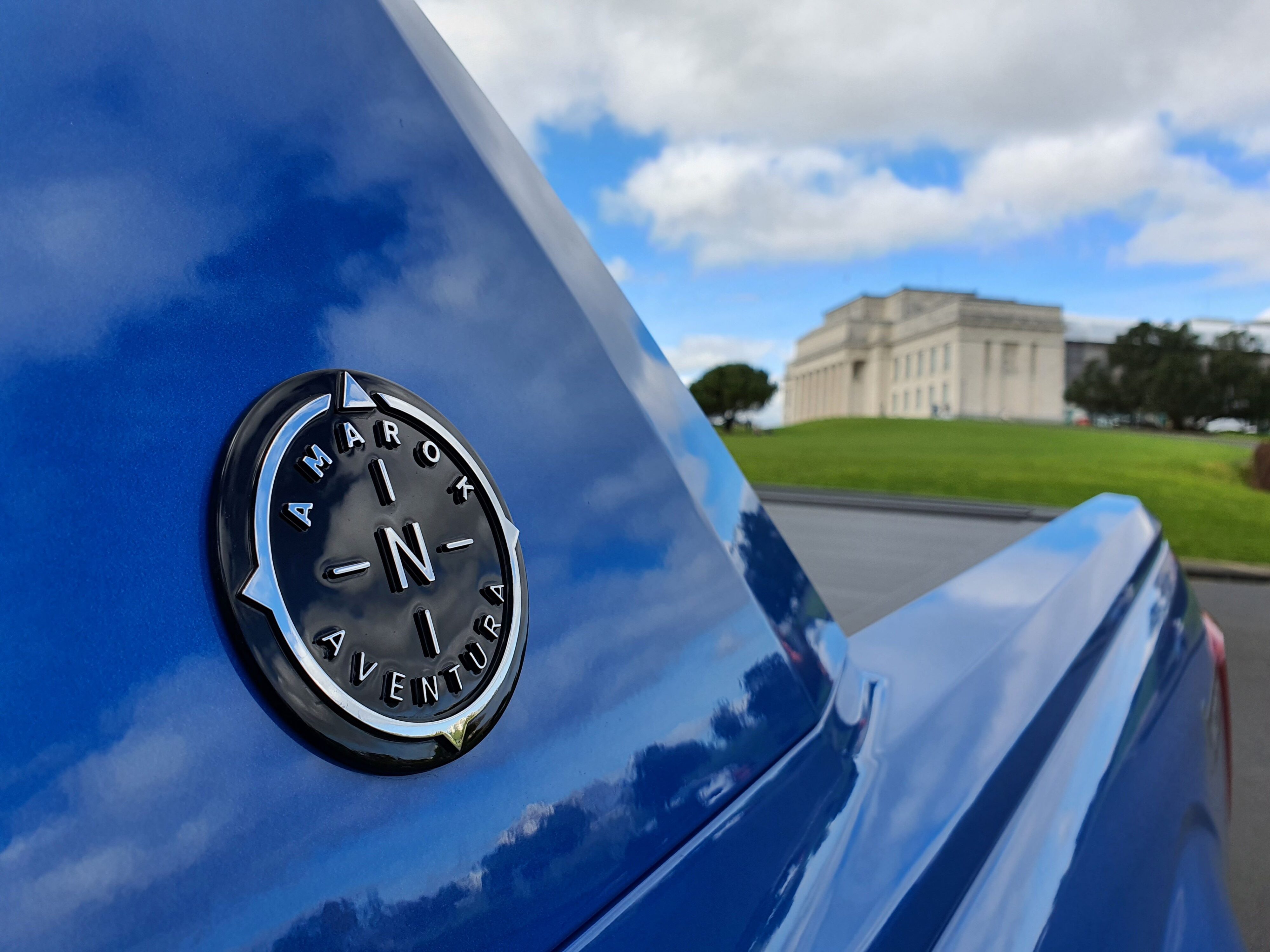 Aventura badge on a 2023 Volkswagen Amarok Aventura in lightning blue metallic