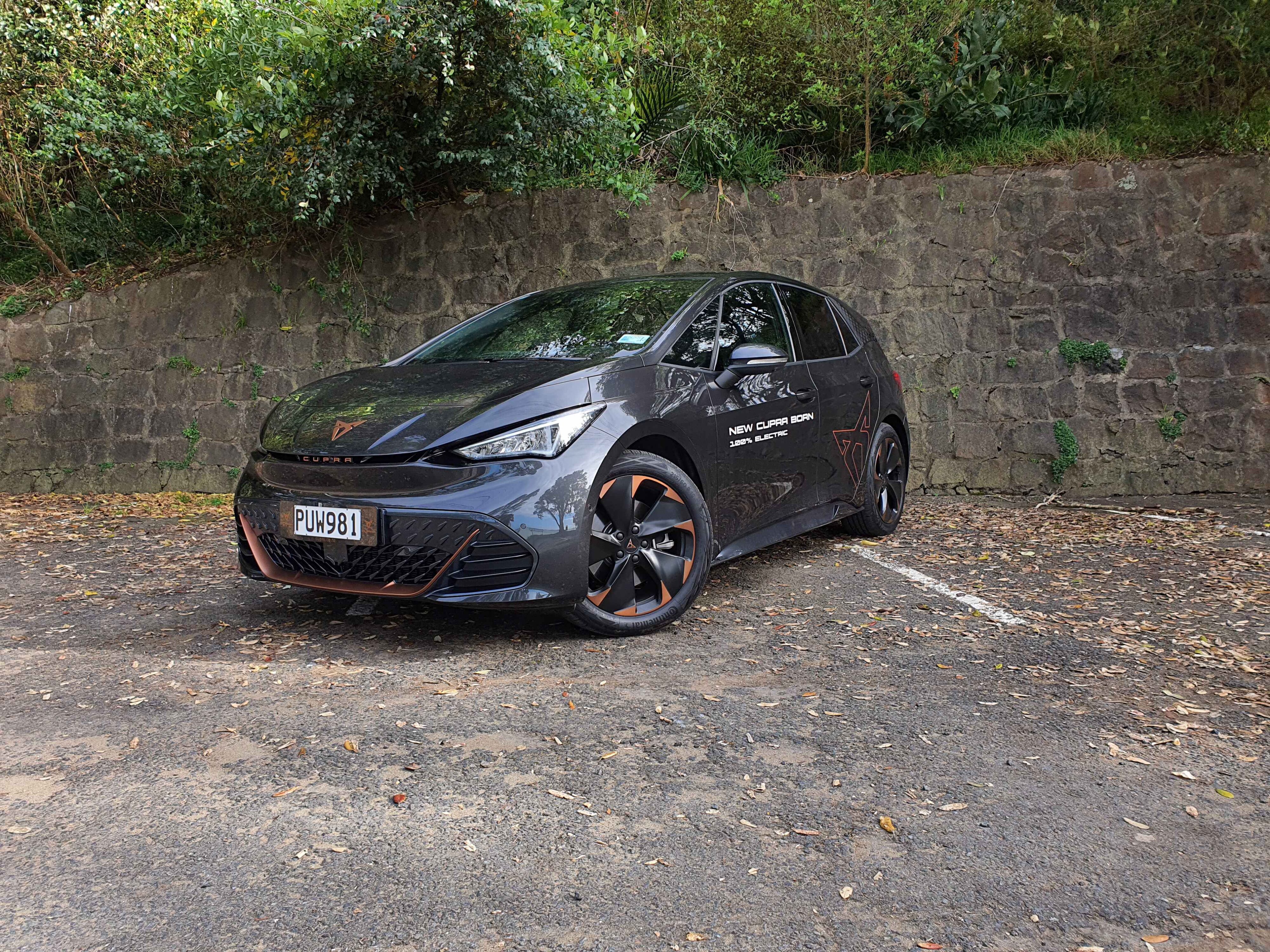 Front three quarters view of a 2023 Cupra Born V+ in Quasar Grey.