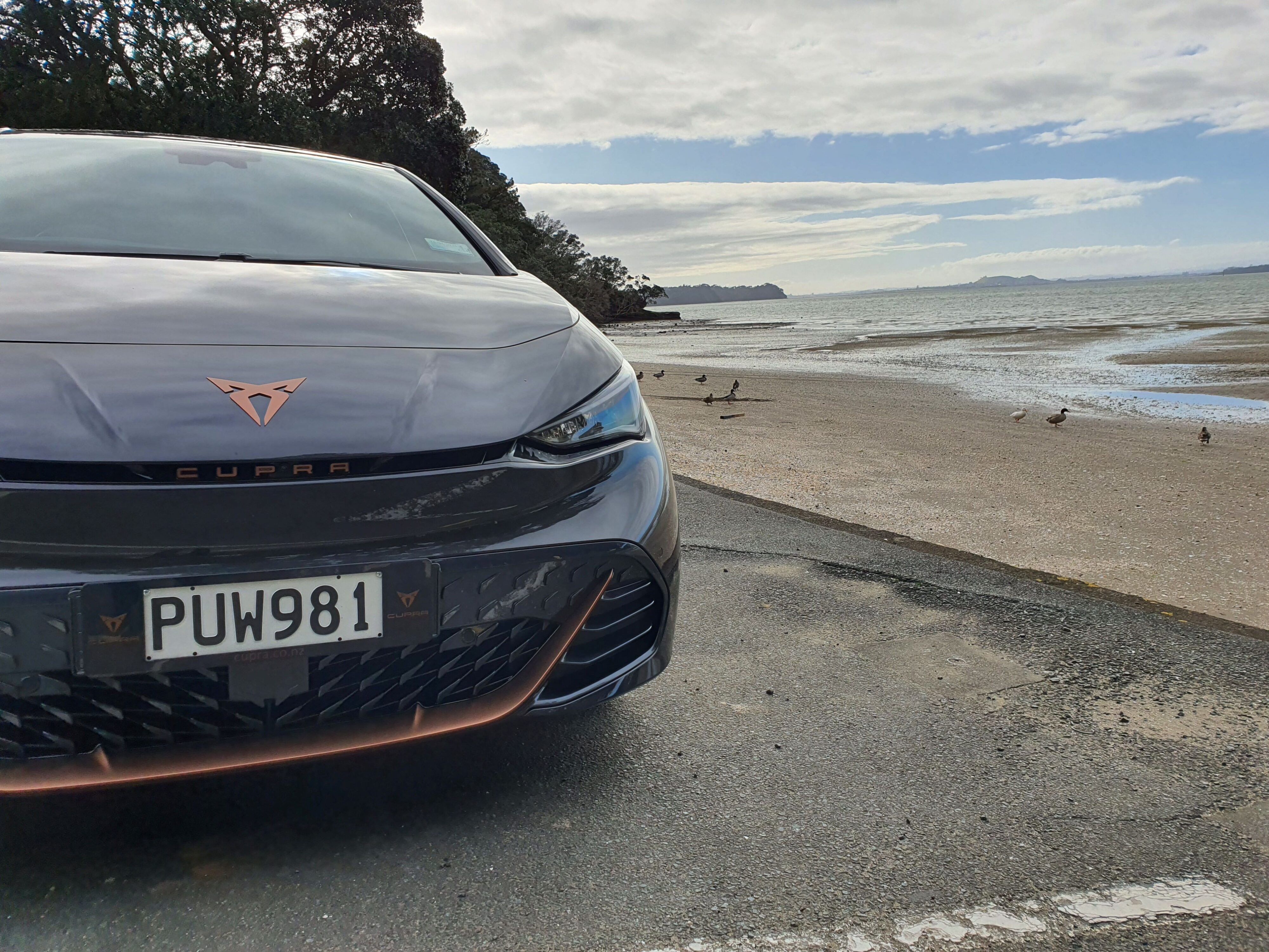 Front close-up photo of a 2023 Cupra Born V+ in Quasar Grey.