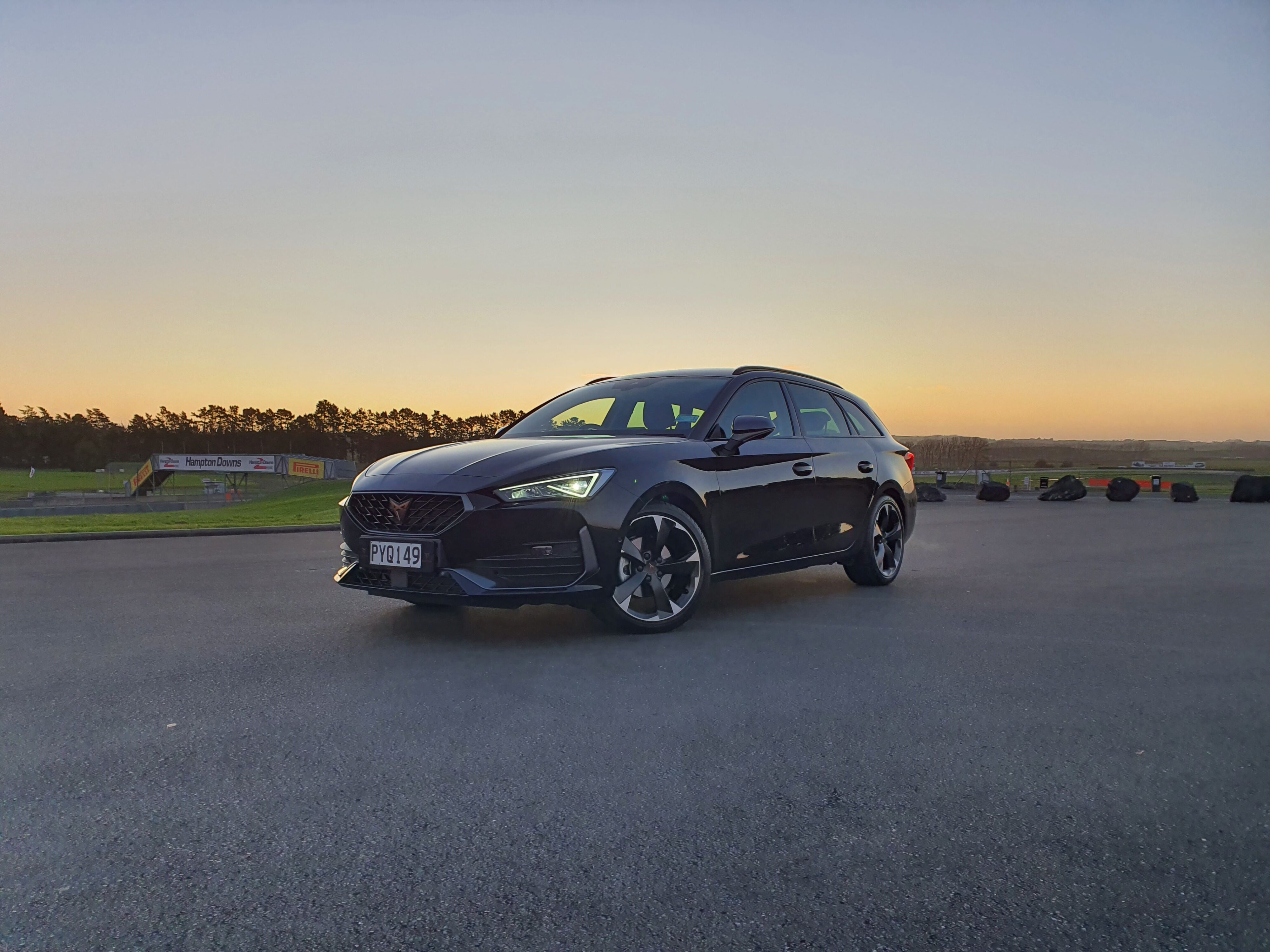 Front three quarters view of a 2023 Cupra Leon V Sports Tourer in Black.